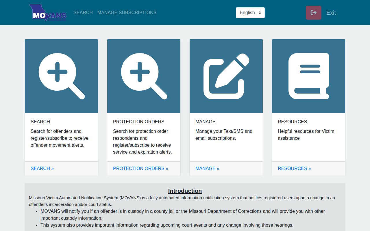 Missouri MOVANS official custody search portal status screen