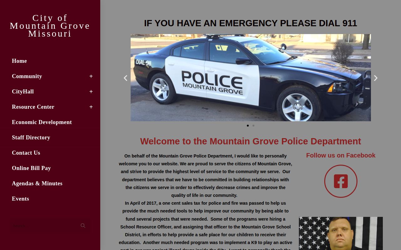 Mountain Grove Police official page with no dedicated recent arrests log