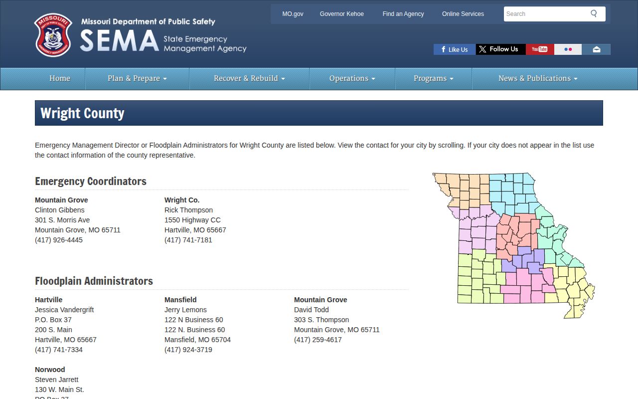 Missouri SEMA Wright County contact listing, not a booking feed
