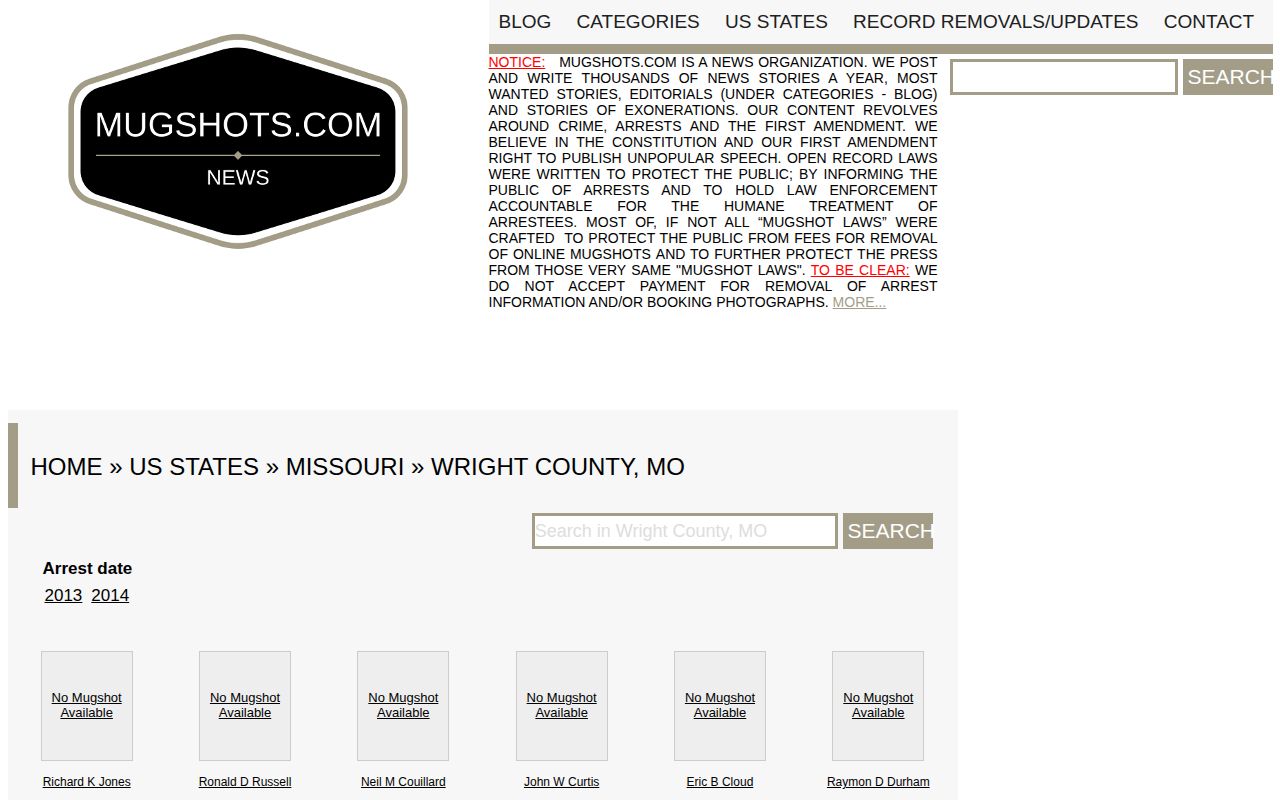 Unofficial Mugshots.com Wright County Missouri page used with verification warning