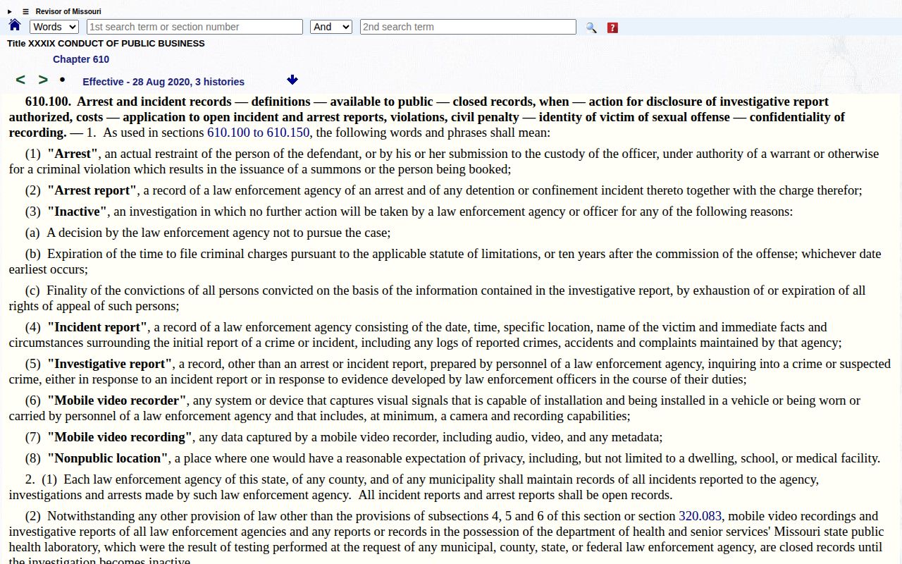 Missouri Revised Statutes section 610.100 official arrest-record page