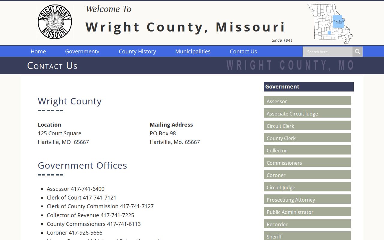 Wright County official contact page for Hartville arrest and custody records